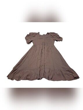 In Loom L Smocked V-Neck Flutter Sleeve Dress Taupe Mauve Boho Cottagecore